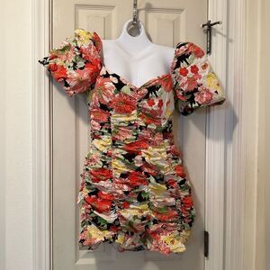 Hanging size small - ruched floral mini dress with ruffle in bottom